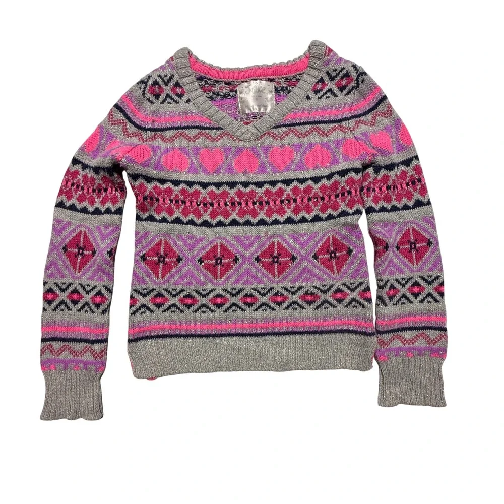 Justice Girls Fair Isle Heart Sweater Gray Pink Metallic V-Neck Size 8